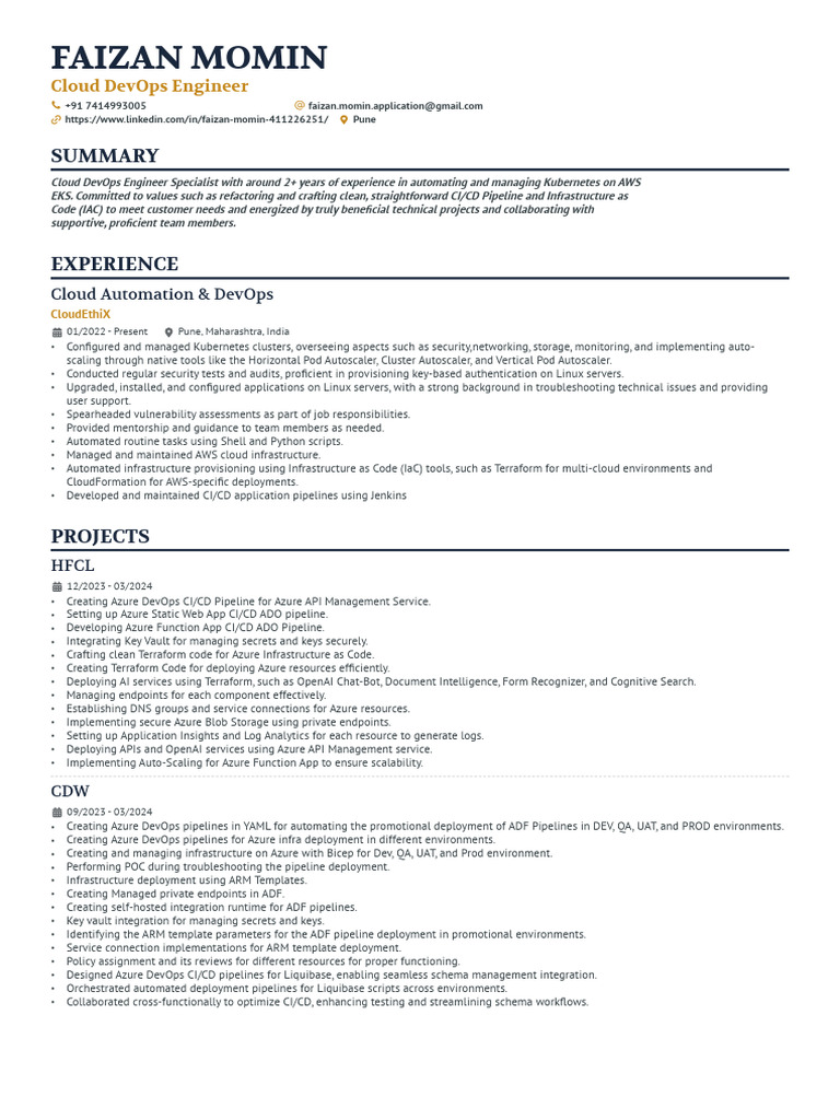 DevOps Engineer Resume: Faizan Momin | PDF | Cloud Computing ...