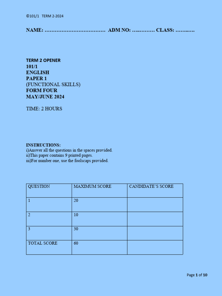 Form 4 English Term 2 Opener Exam | PDF | Business