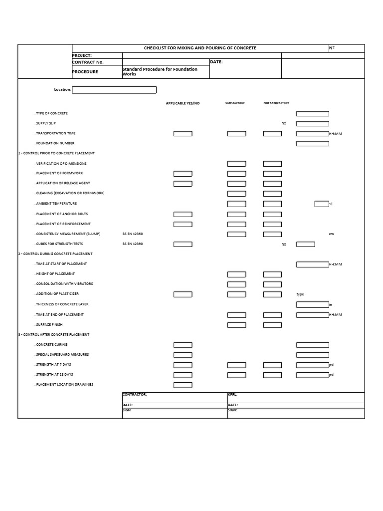 Concrete Mixing and Placement Checklist | PDF | Concrete | Building ...