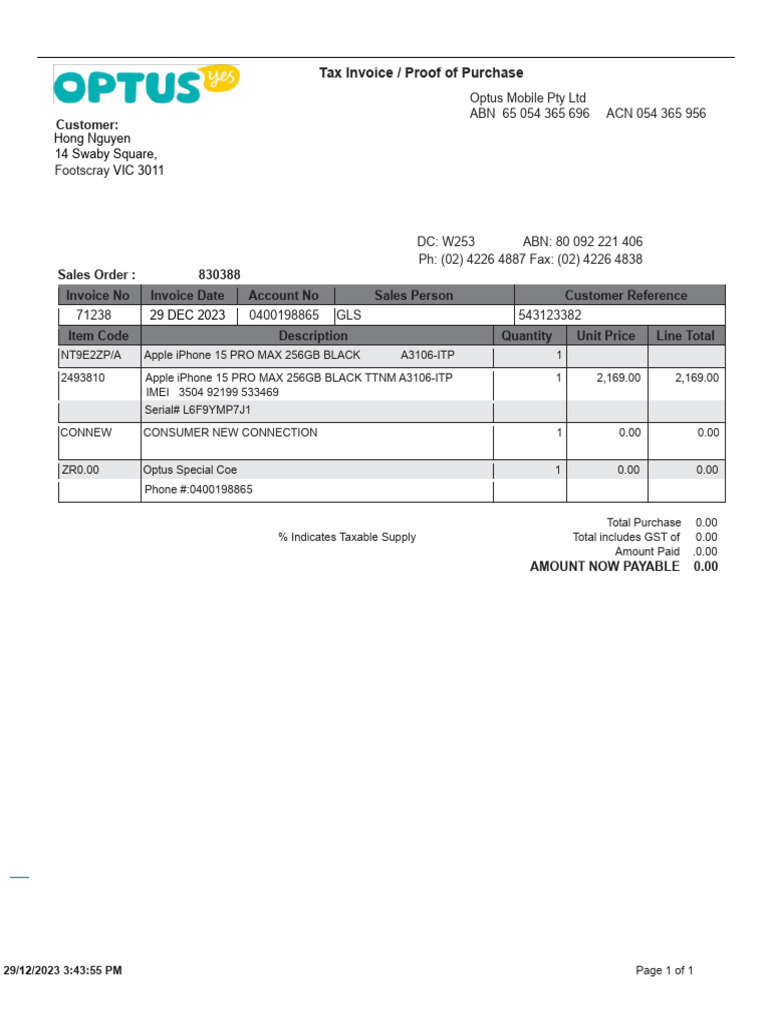 Optus_Australia___iPhone_XS_2018 | PDF | Invoice | Apple Inc. Hardware