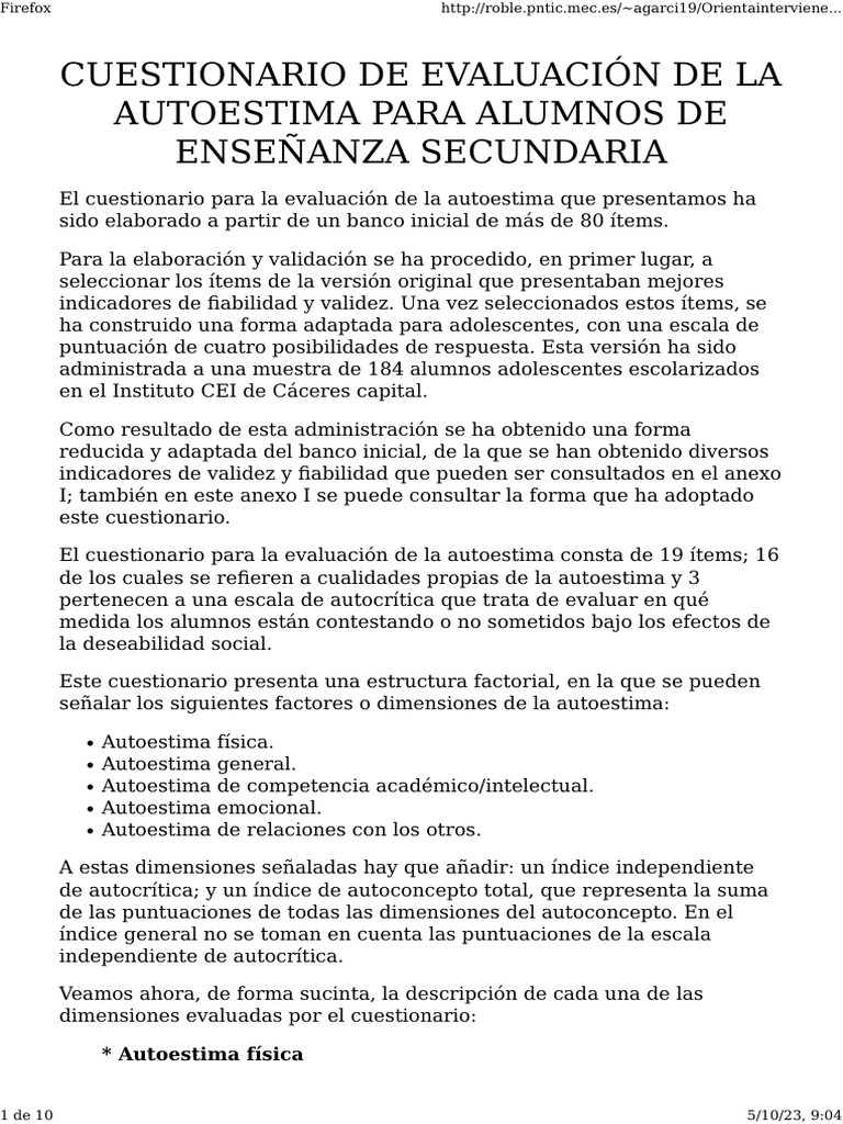 Cuestionario de Autoestima para Adolescentes | PDF | Autoestima ...