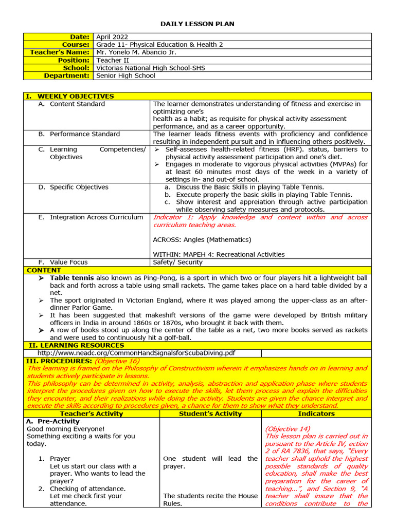 Grade 11 Table Tennis Lesson Plan | PDF | Learning | Constructivism ...
