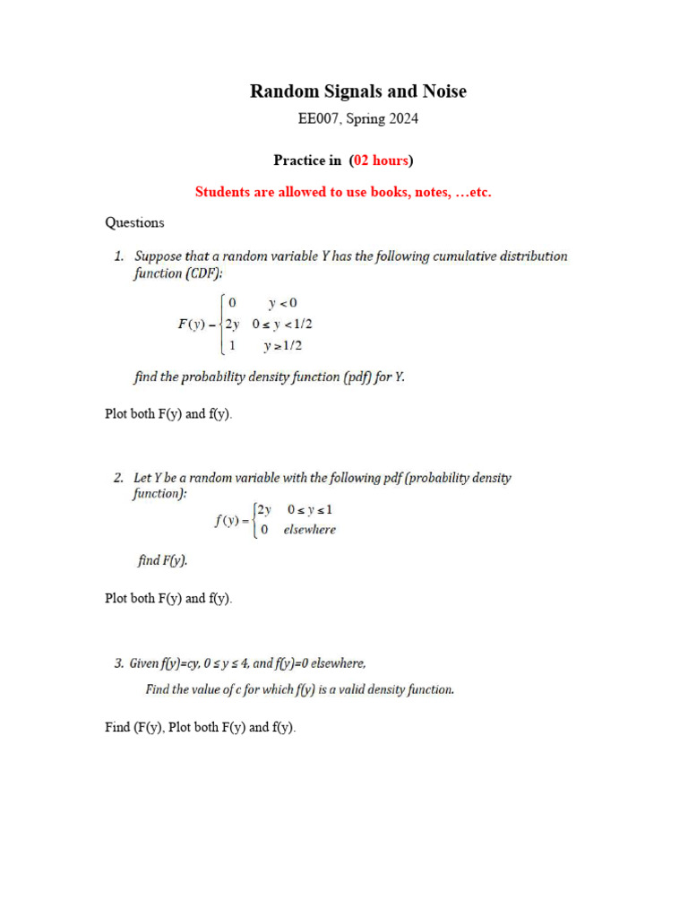 Random Signals: Plotting F(y) & f(y) | PDF