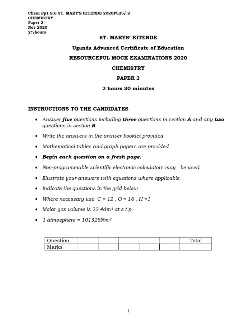 St. Mary's Kitenge 2020 Chemistry Paper 2 | PDF | Acid | Enthalpy