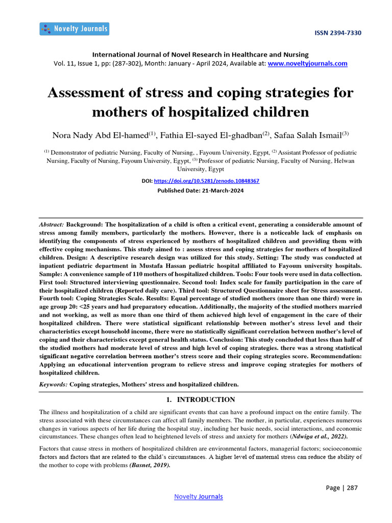 Assessment of stress and coping strategies for mothers of hospitalized ...