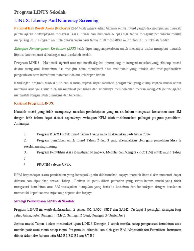 Program LINUS untuk Murid Tahun 1 | PDF
