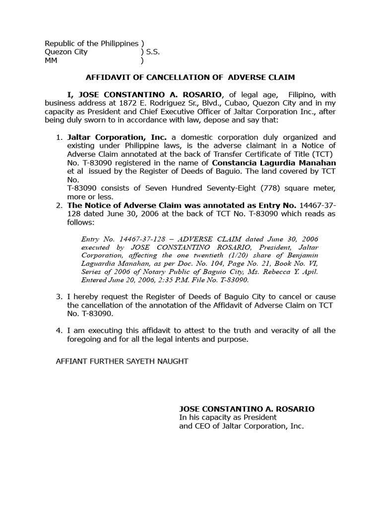 Affidavit of Cancellation of Adverse Claim | PDF | Affidavit | Evidence