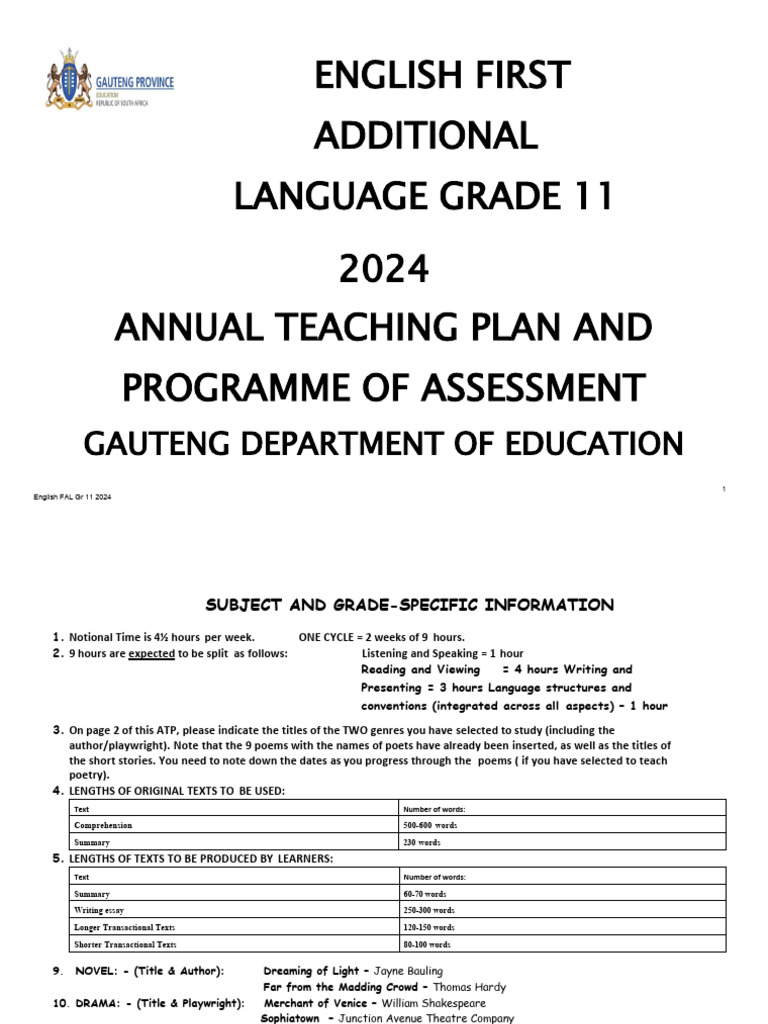 Grade 11 English Teaching Plan 2024 | PDF | Reading Comprehension | Poetry