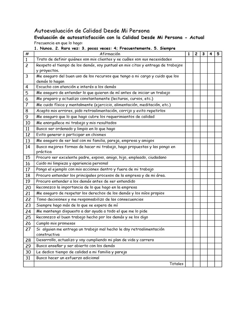Autoevaluación de Calidad Desde Mi Persona | PDF | Crecimiento personal ...