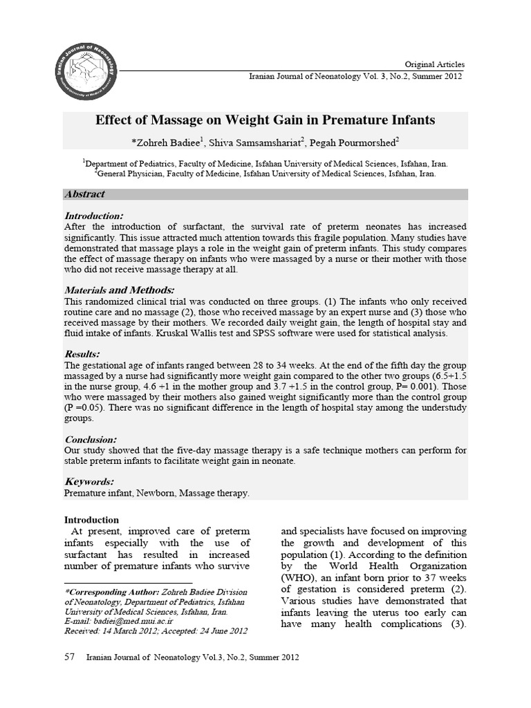 Efectos Del Masage PDF Preterm Birth Neonatology