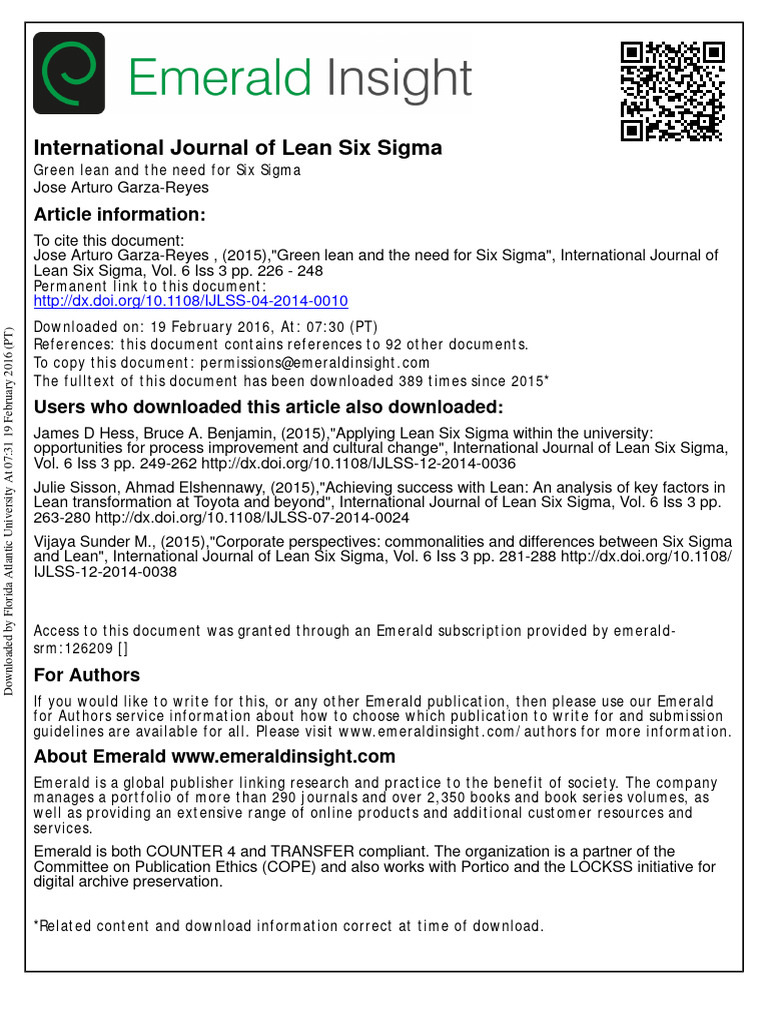 Green Lean Integration with Six Sigma | PDF | Lean Manufacturing ...