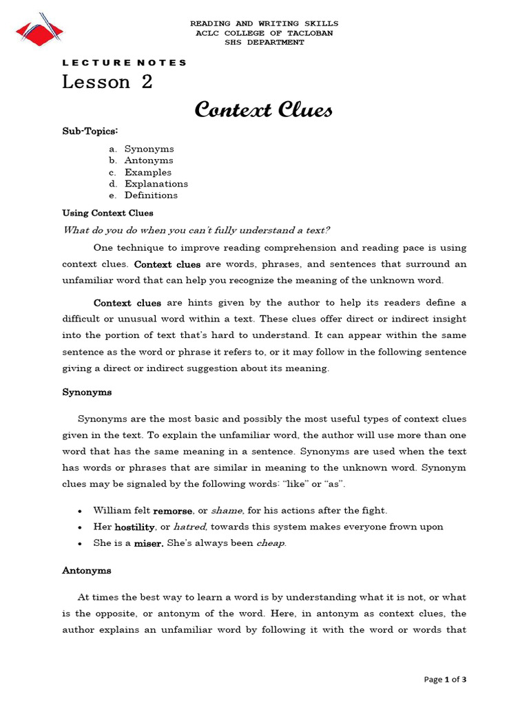 Context Clues For Reading Comprehension Pdf Reading Comprehension