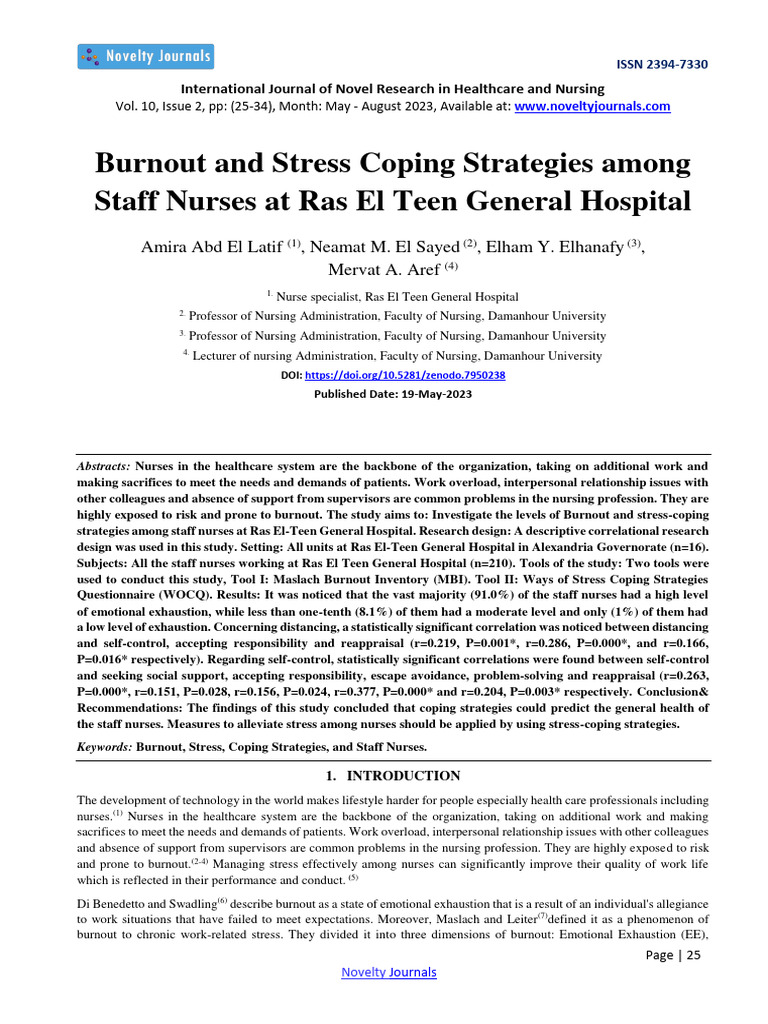 Burnout and Stress Coping Strategies Among Staff Nurses at Ras El Teen ...