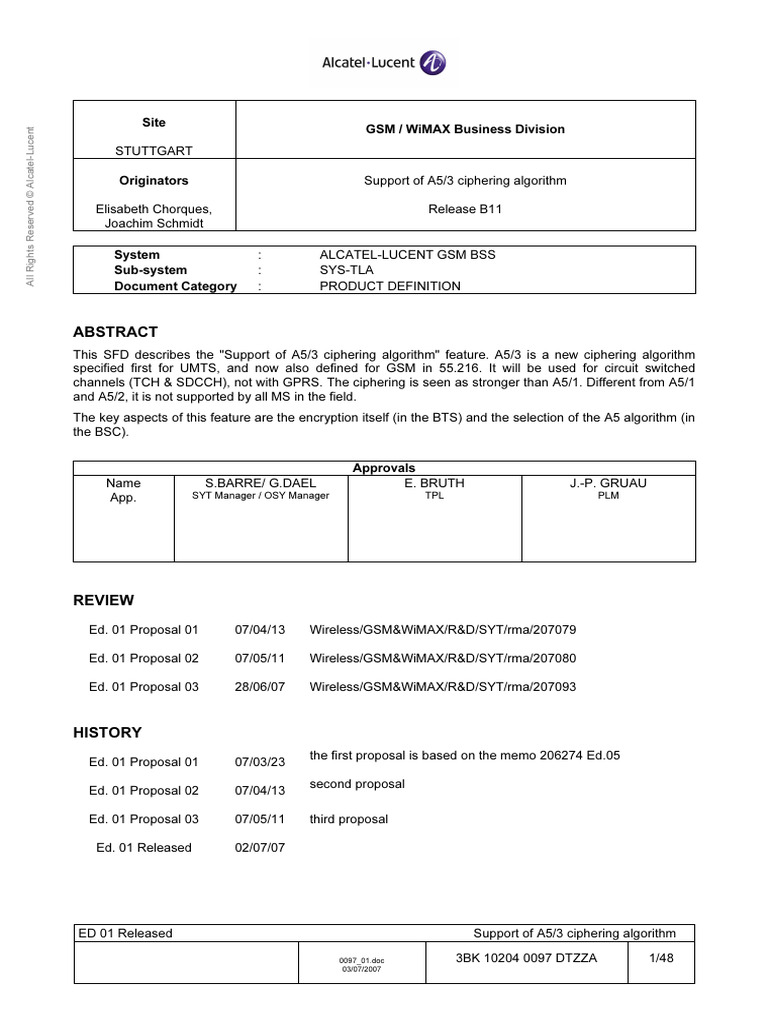 A5/3 Ciphering Algorithm Support Guide | PDF | Gsm | Telecommunications ...