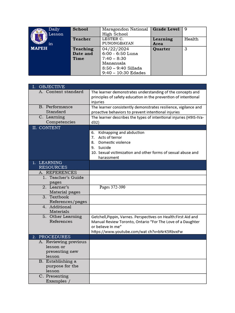 Health Q4 4 - 23-2024 DAY 3 | PDF | Learning | Violence
