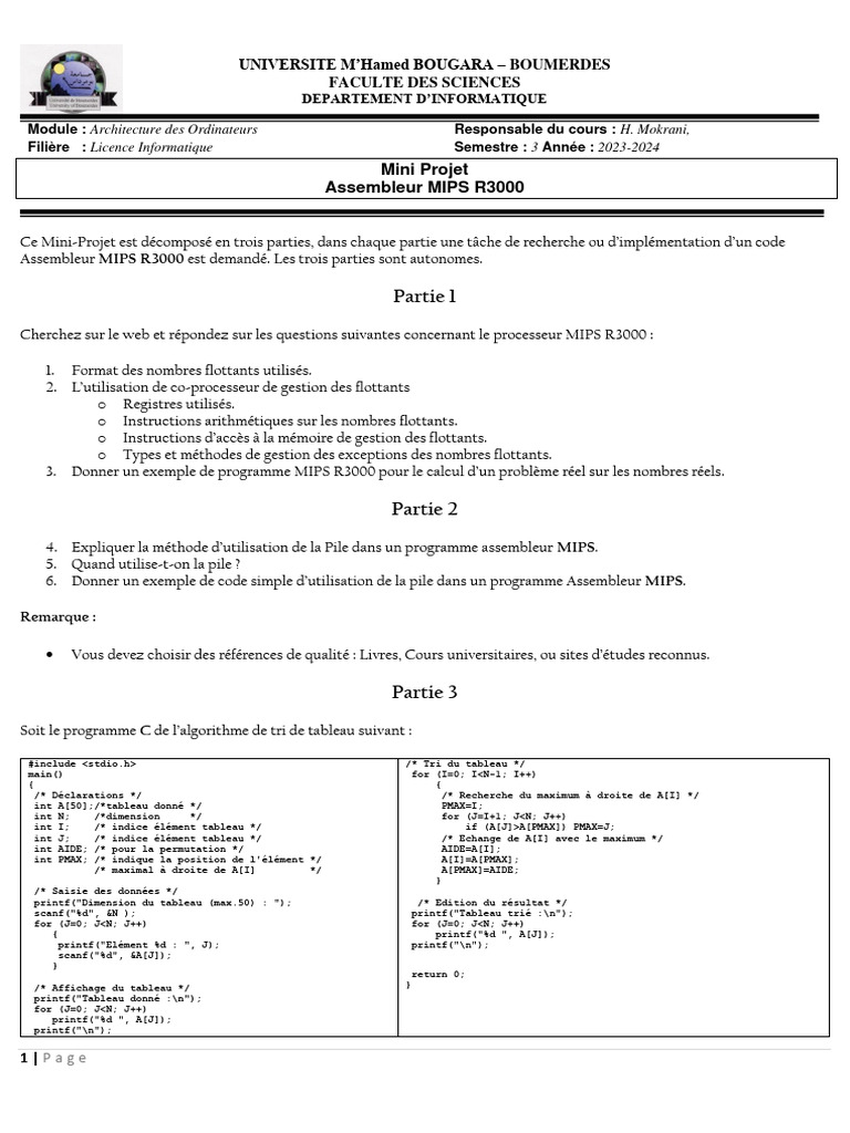 Mini Projet Assembleur MIPS R3000 | PDF | Programme informatique ...