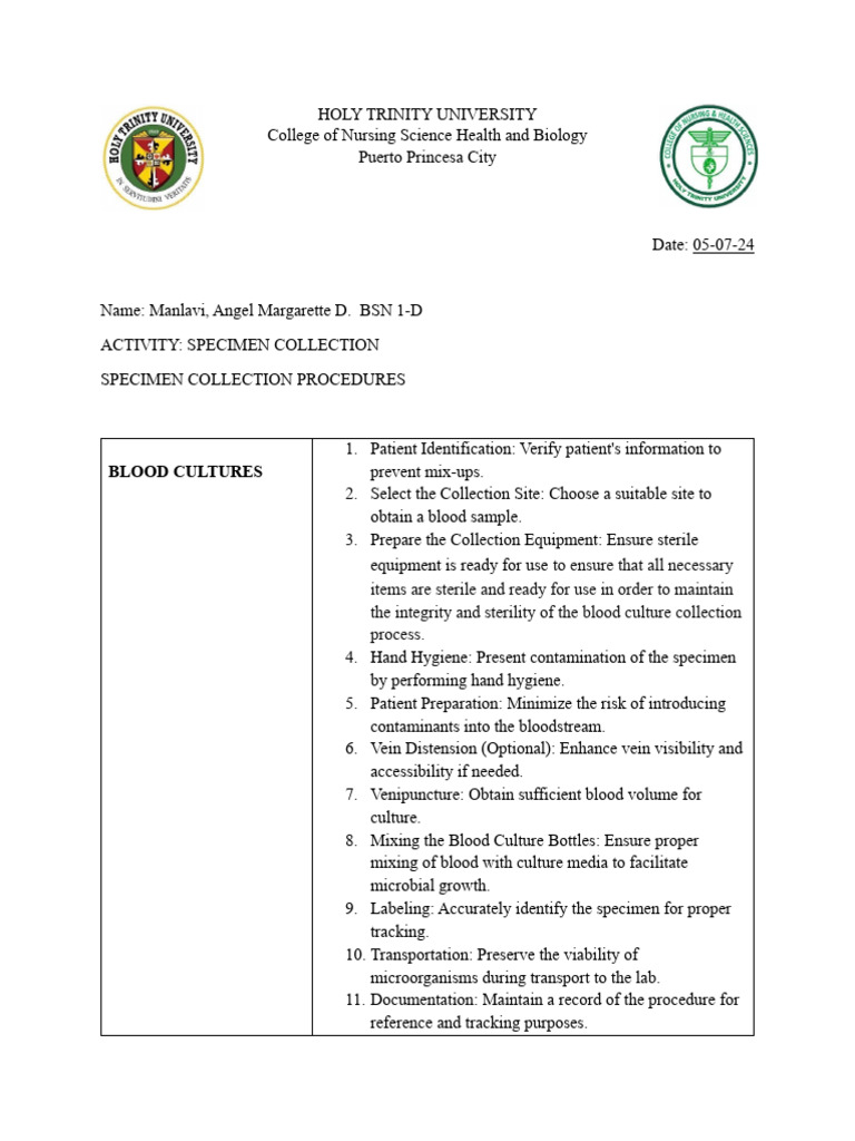 Specimen Collection Procedures Guide | PDF | Hand Washing | Hygiene