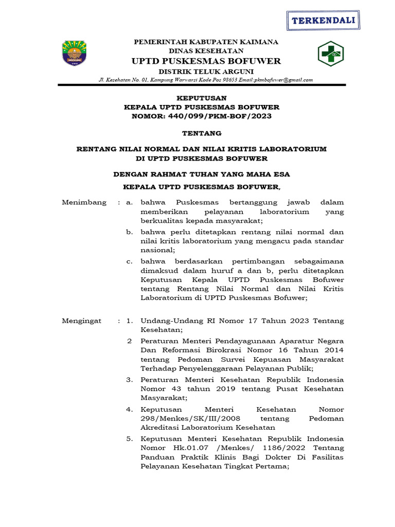 391.a - SK Rentang Nilai Normal Dan Nilai Kristis Laboratorium | PDF