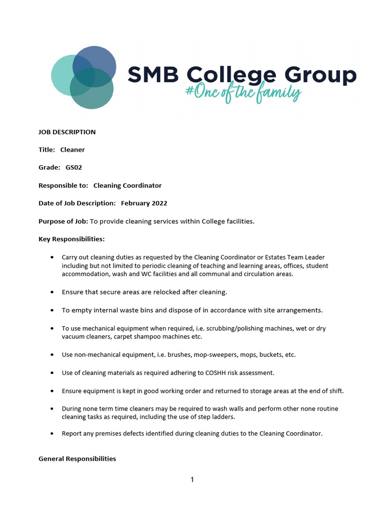 Cleaner Job Description for College | PDF | Occupational Safety And ...