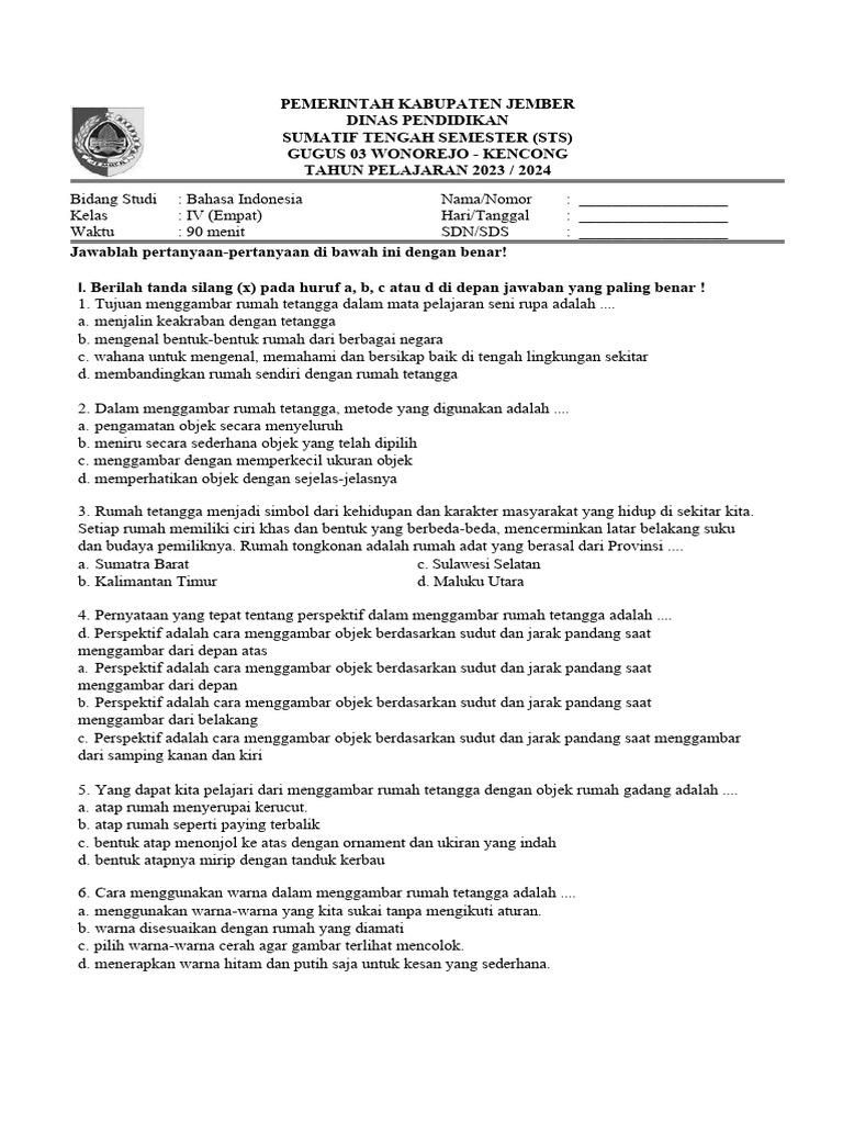 Soal Pts Sts Seni Rupa Kelas 4 Semester 1 Kurikulum Merdeka T A 2023