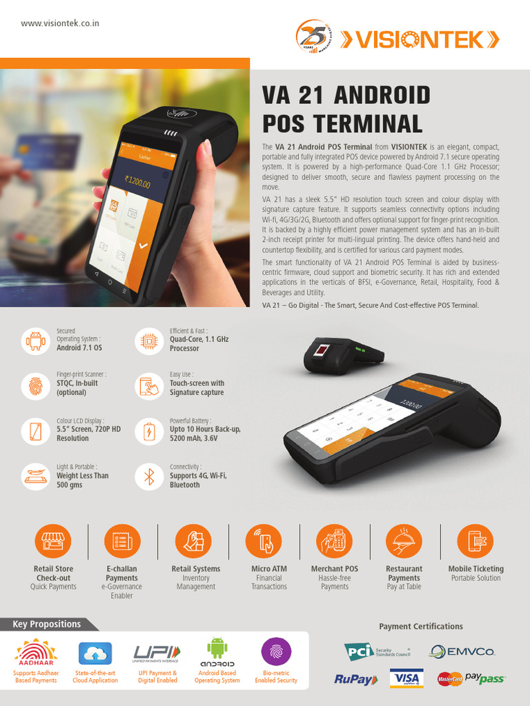 Visiontek VA 21 POS Terminal Overview | PDF | Point Of Sale | Android ...