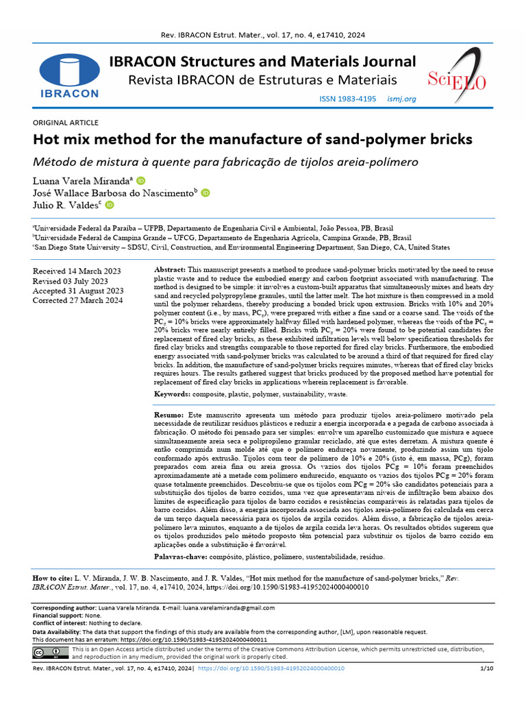 Hot Mix Method For The Manufacture of Sand-Polymer Bricks | Download ...