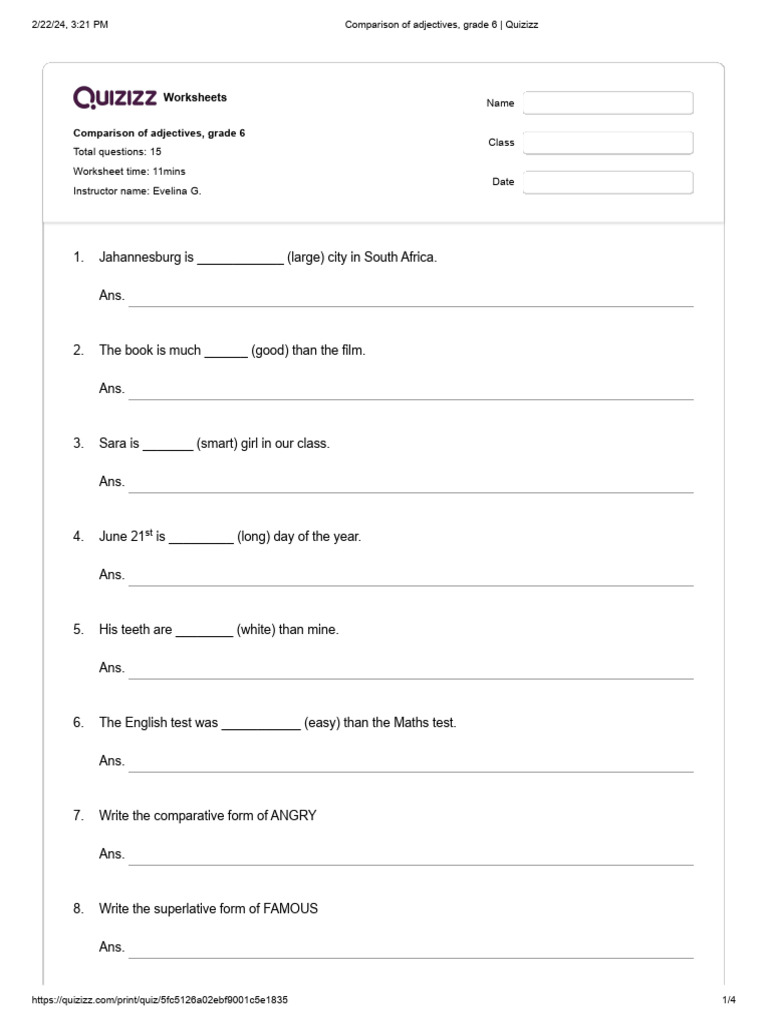 Comparison of Adjectives, Grade 6 Quizizz PDF Underwater Diving