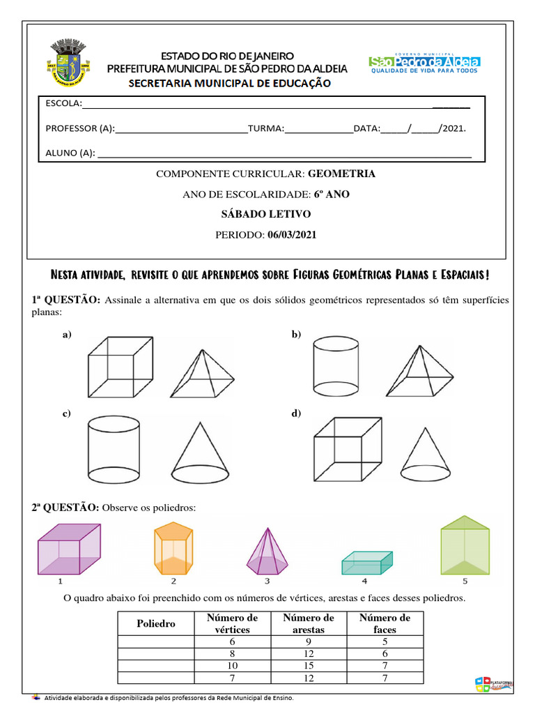 Atividades sobre Poliedros para 6º Ano | PDF | Vértice (Geometria ...