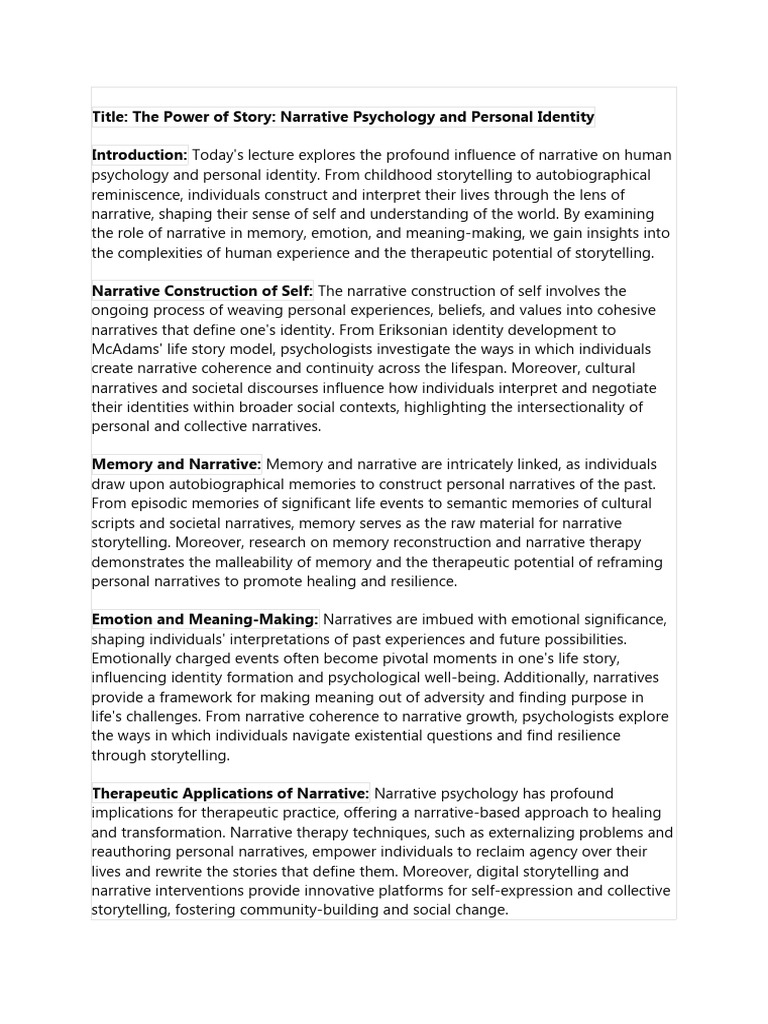 NARRATIVE PSYCHOLOGY RESEARCH intelligence overview