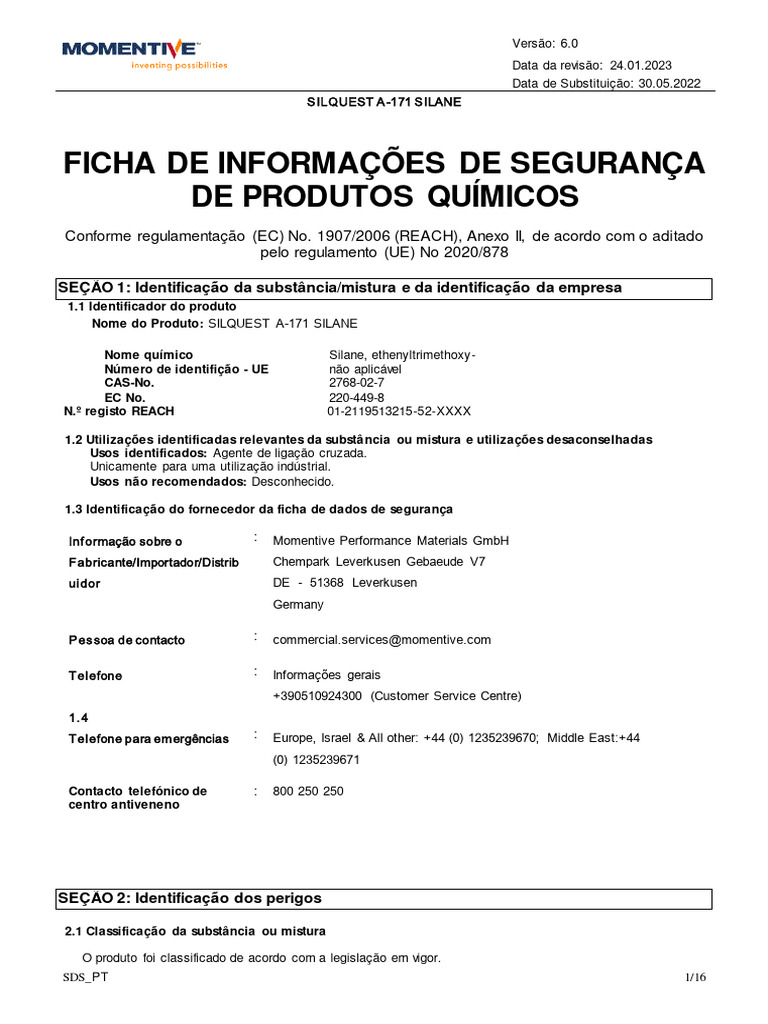 Ficha de Segurança do Silquest A-171 | PDF | Desperdício | Química