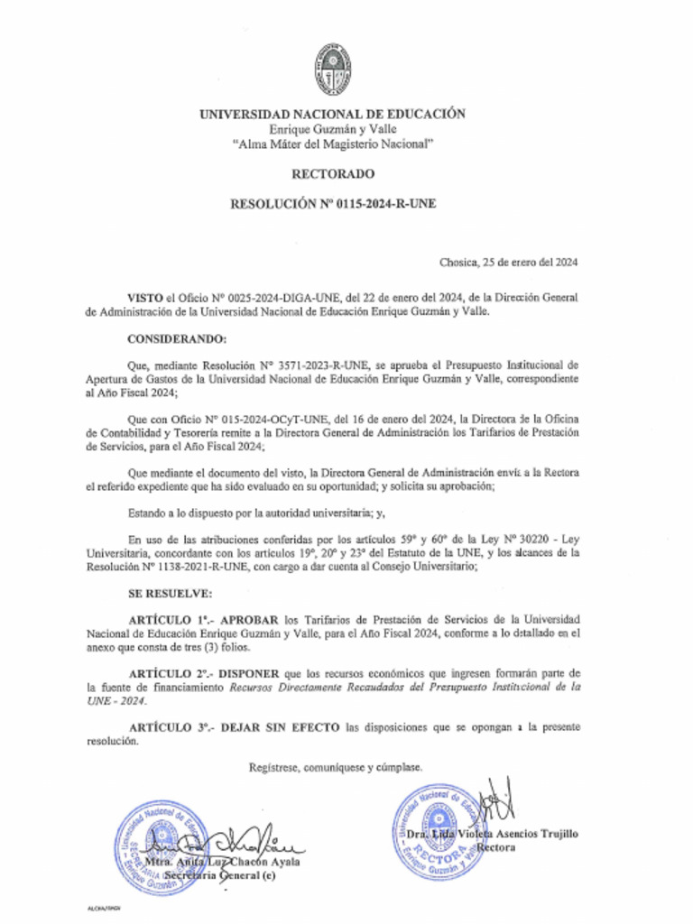 Resolucion_0115-2024-R-UNE_TARIFARIOS-PRESTACION-SERVICIOS-2024 | PDF