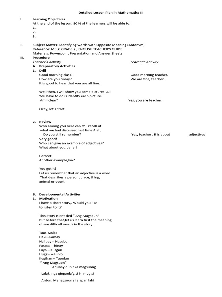 Grade 2 Antonyms Lesson Plan | PDF | Lesson Plan | Human Communication