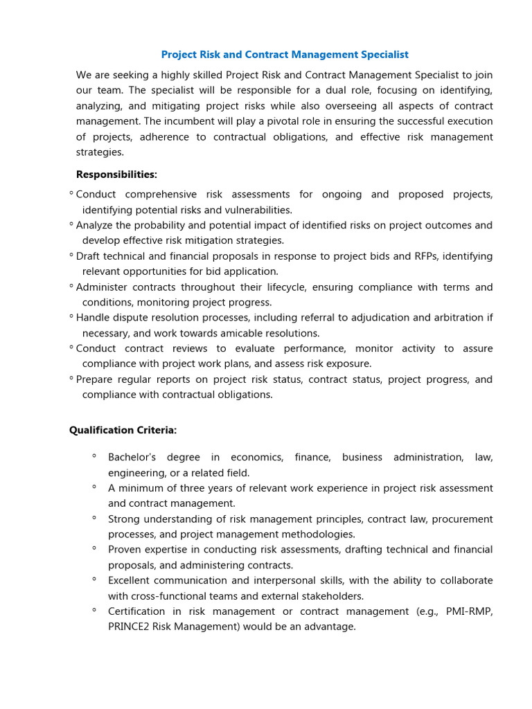 Project Risk & Contract Specialist Job | PDF | Business | Finance ...