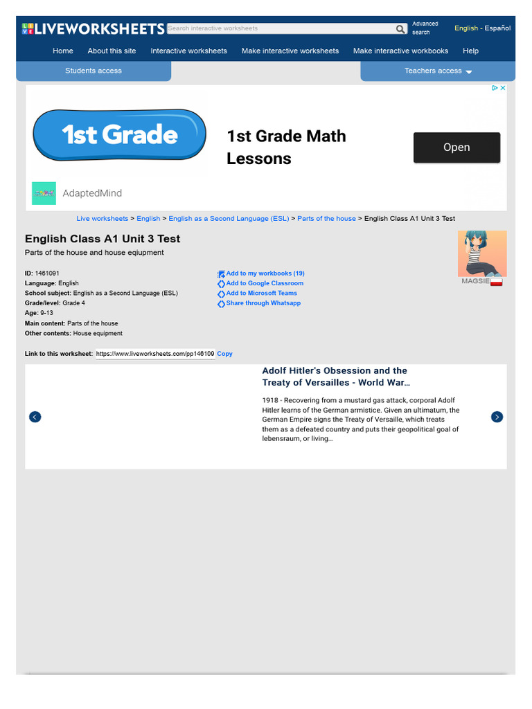 English Class A1 Unit 3 Test | Download Free PDF | Worksheet | English ...