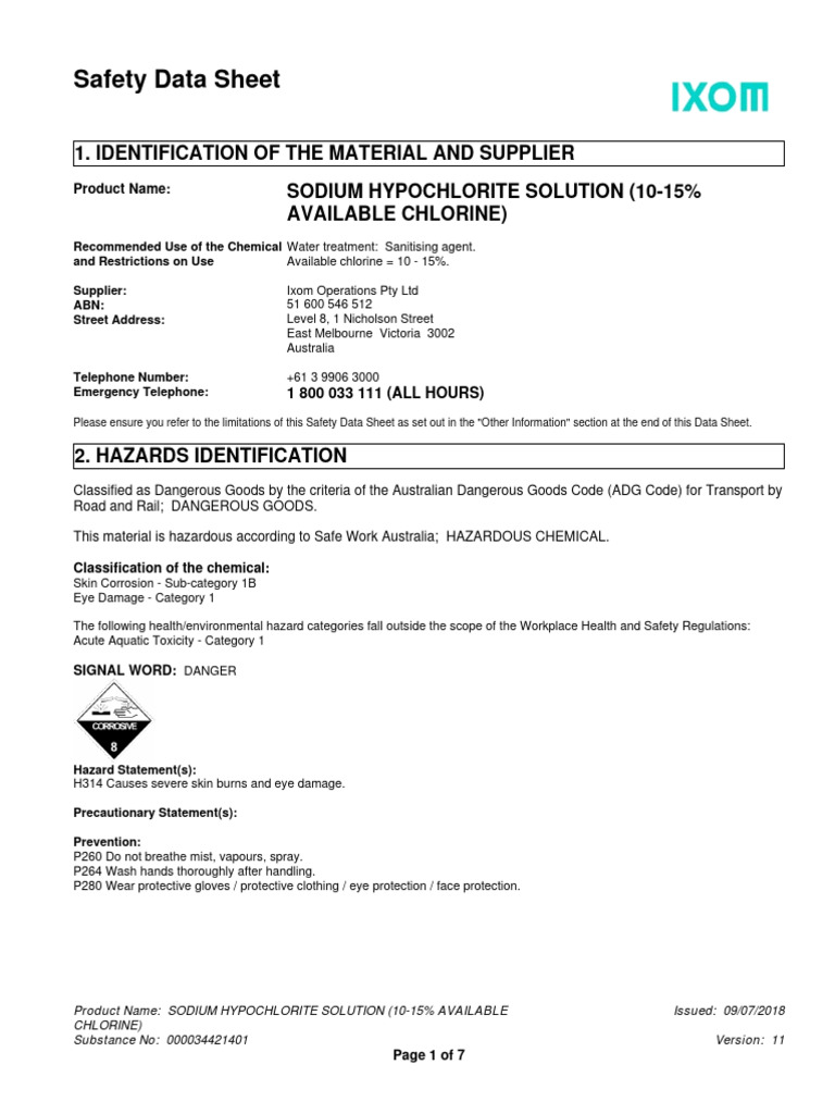 Sds sodium hypochlorite solution 10 15 pdf dangerous goods