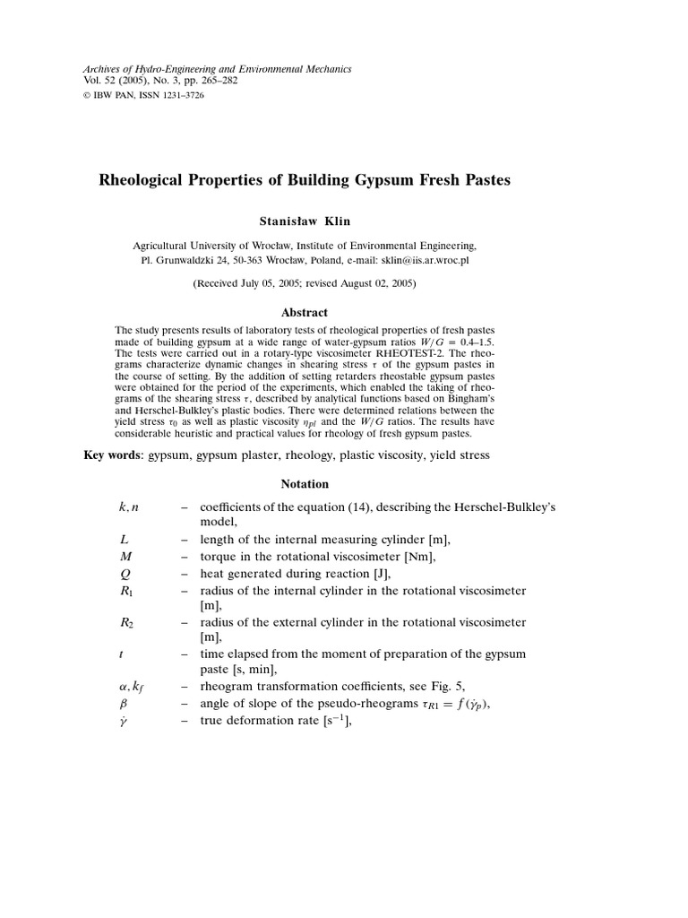 Rheological Properties of Building Gypsum Fresh Pastes | PDF | Rheology ...