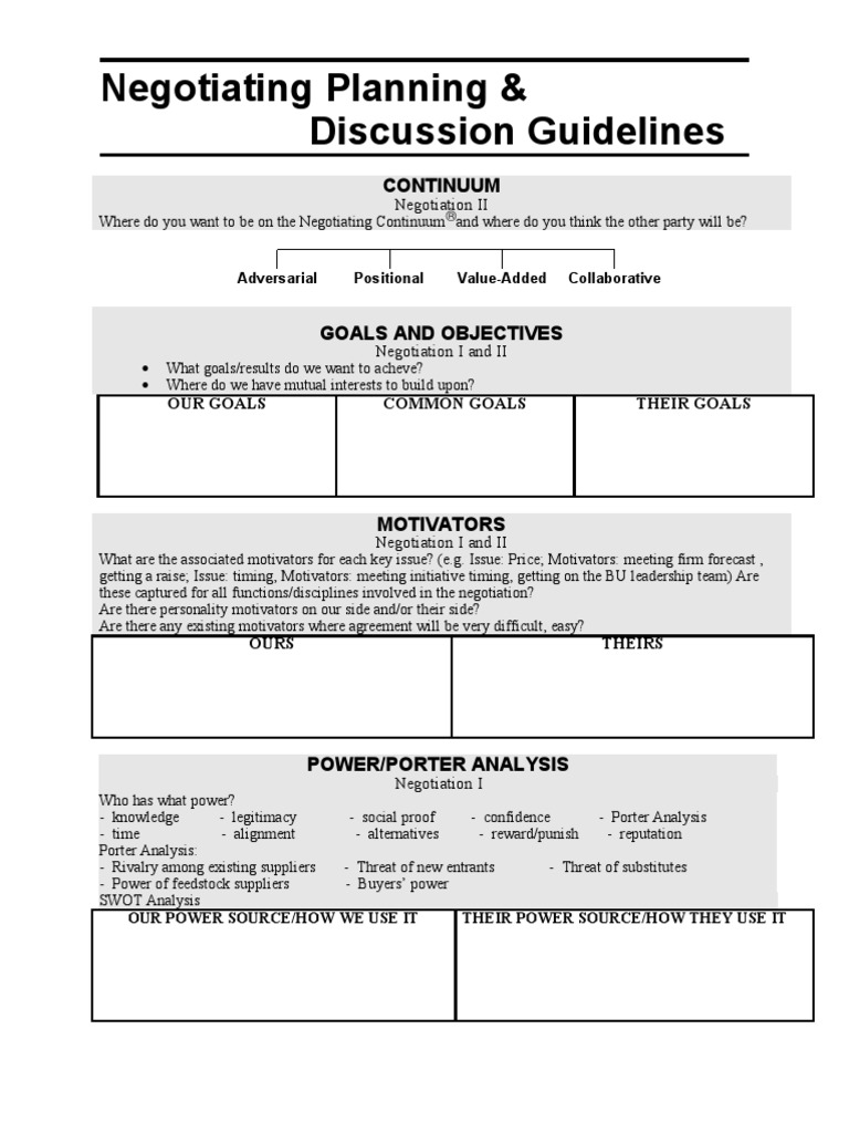 Negotiation Planning Guide Questions Pdf Negotiation Business