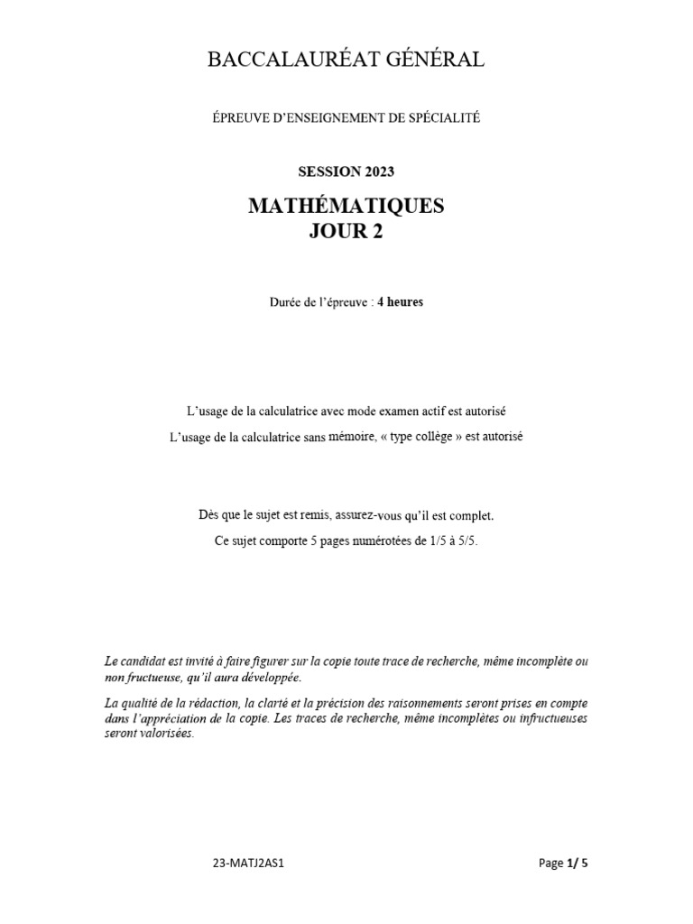 Sujet Bac Maths 2023 avec Corrigé | PDF | Coordonnées cartésiennes ...
