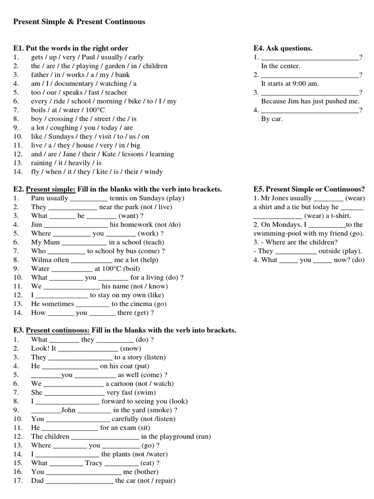 Present Simple vs. Continuous Exercises | PDF