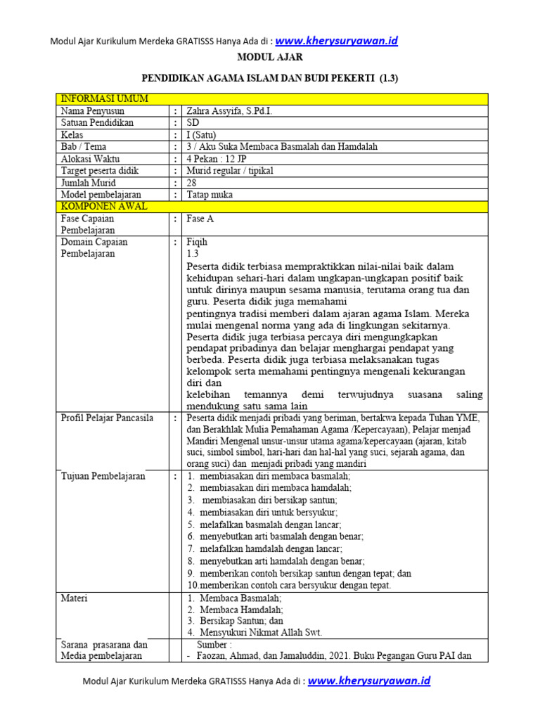 Modul Ajar PAI Kelas 1 SD Gratis | PDF
