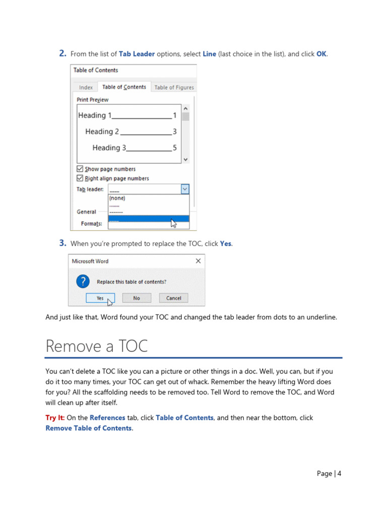 Remove A TOC: From The List of Options, Select (Last Choice in The List ...