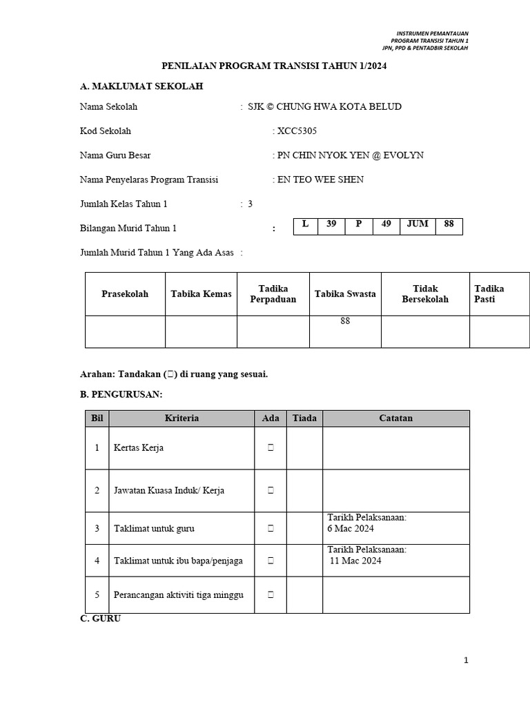 Instrumen Penilaian Transisi Tahun 1 | PDF