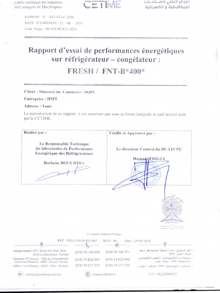 Rapport D'essai CETIME Du Réfrigérateur FRESH Model FNT-B 400 | PDF