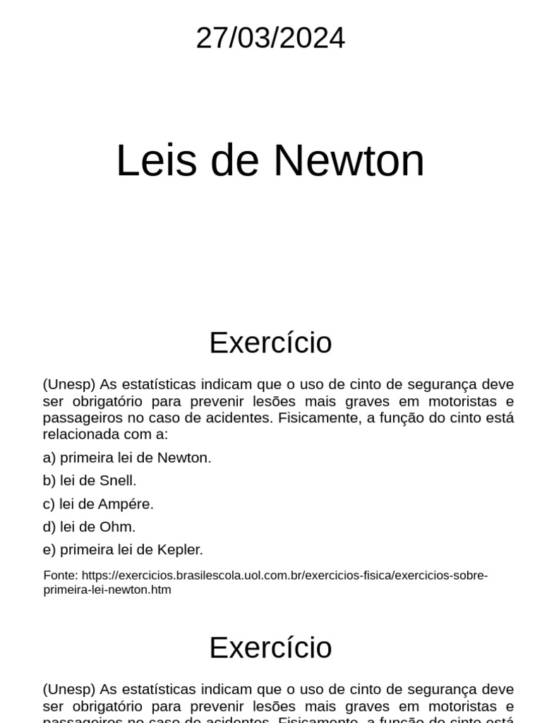 Exercícios sobre as Leis de Newton | PDF | Força | Leis do Movimento de ...
