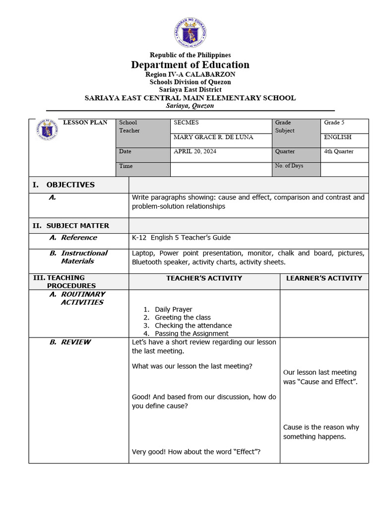 Cot 4TH Quarter English 5 Cause and Effect Download Free PDF