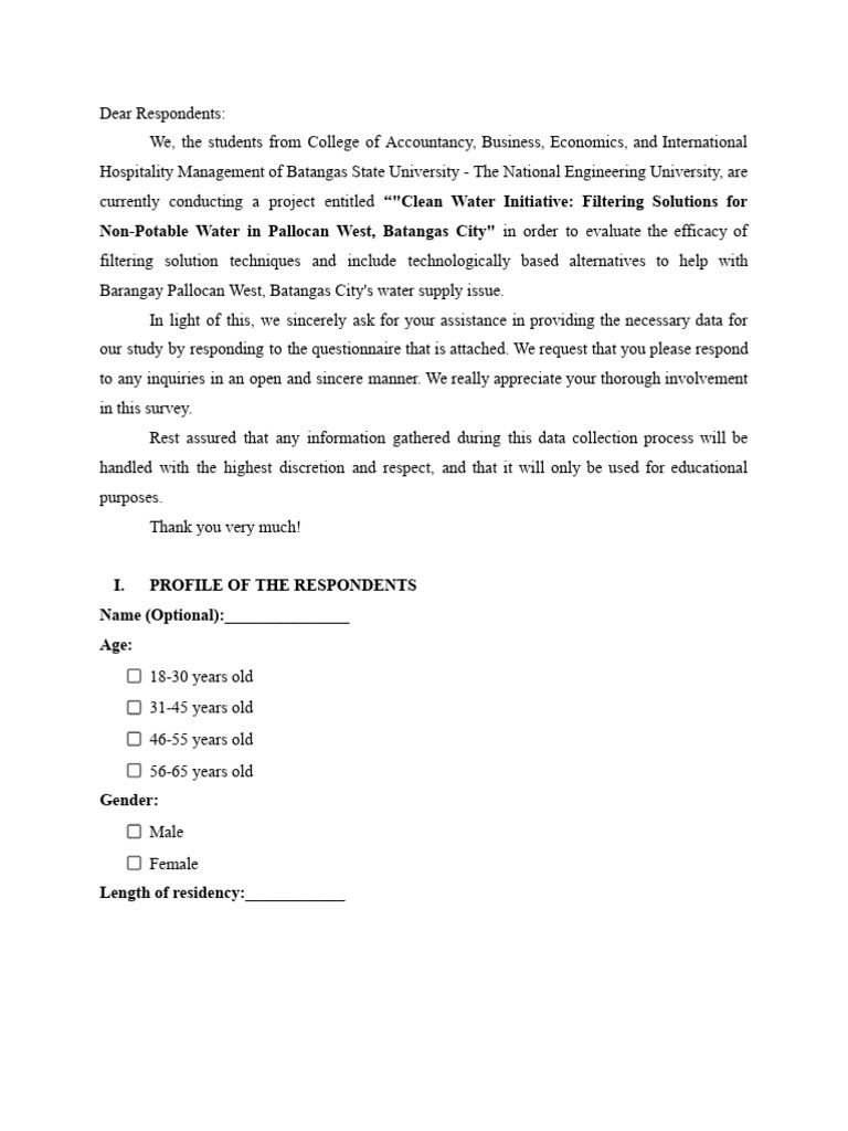 Survey Questionnaire 1 PDF Water Water Supply