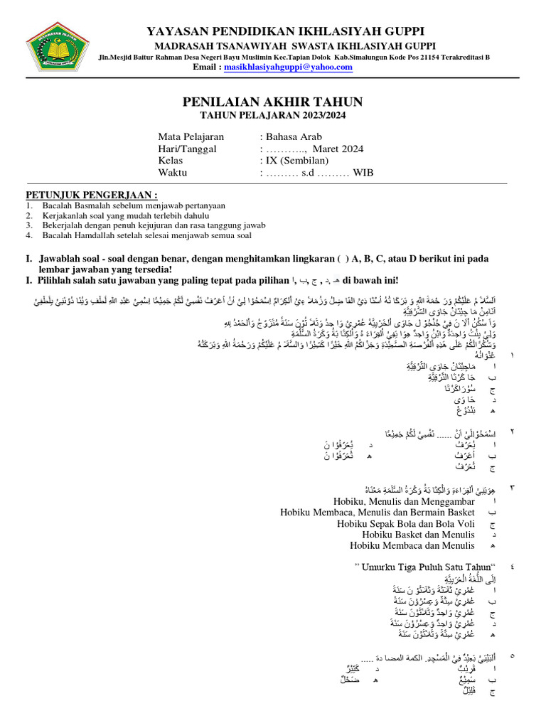 Soal PAT Bahasa Arab MTs 2024 | PDF