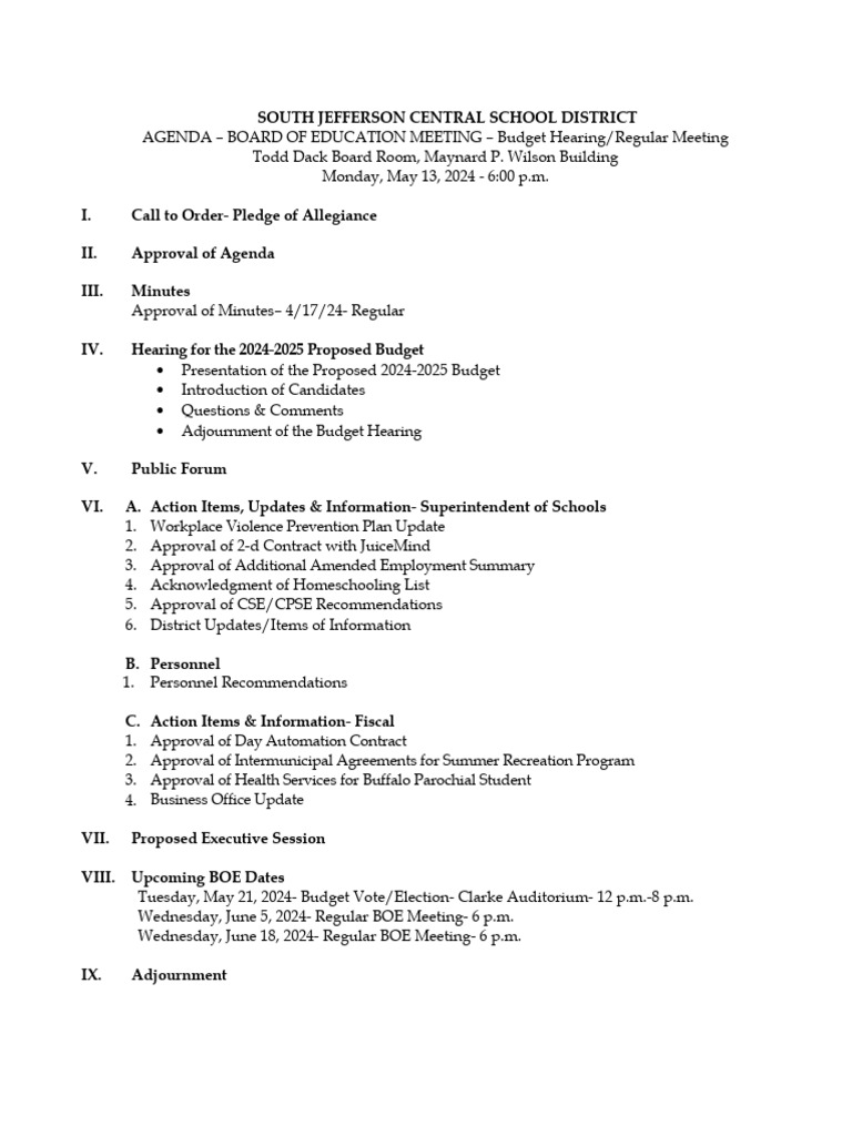 South Jefferson Central School District Board of Education Agenda May 