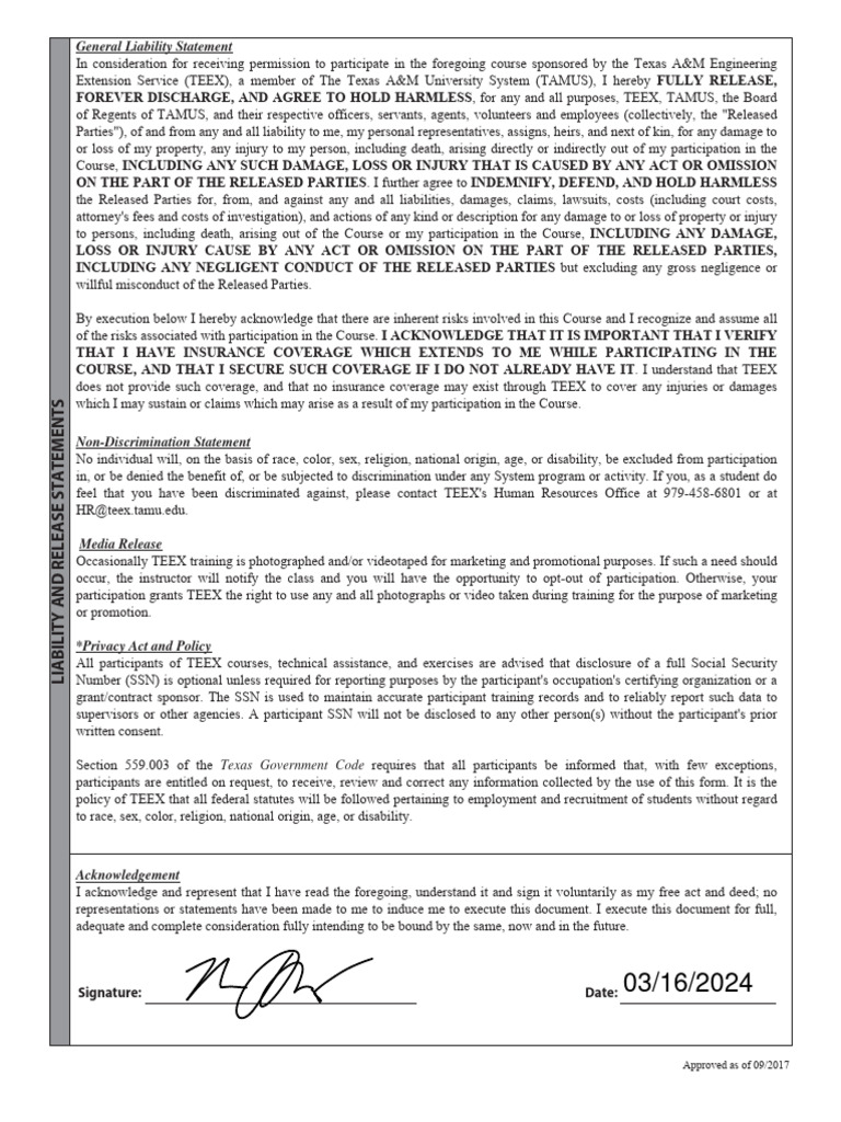 TEEX General Release Form | PDF | Indemnity | Legal Liability