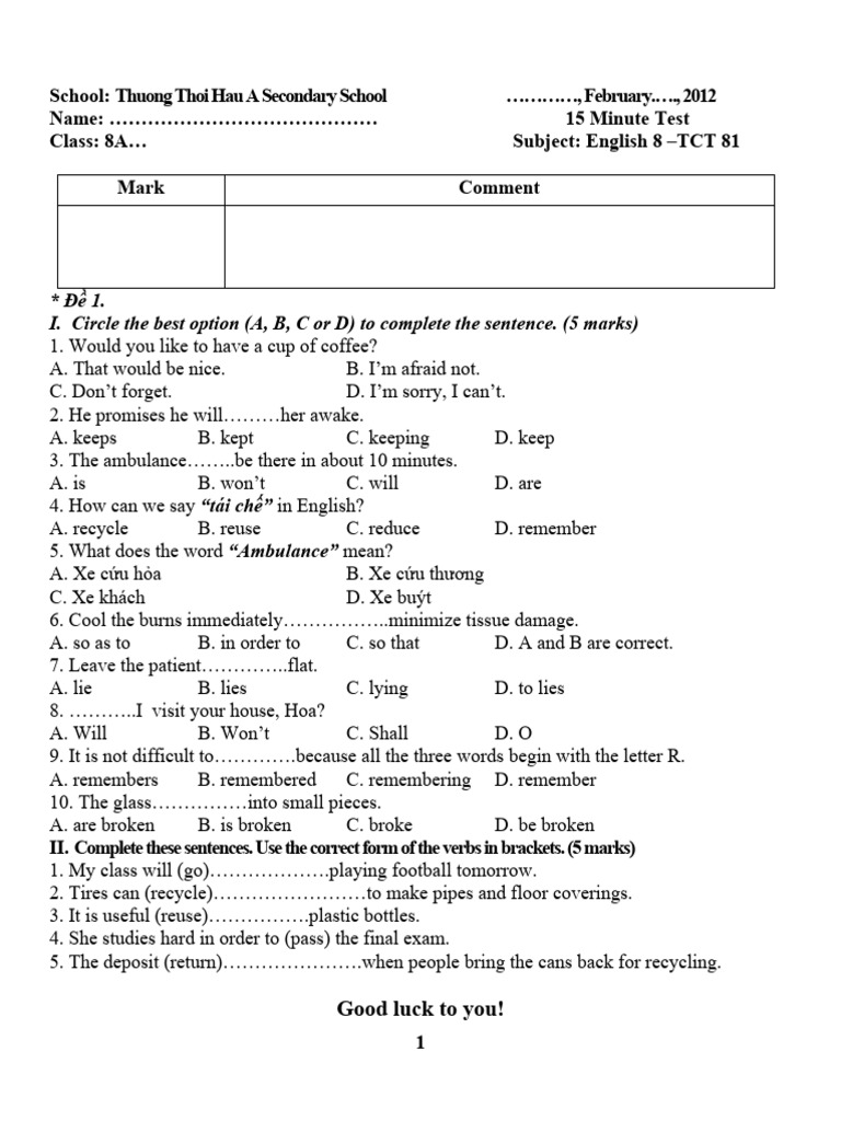 English 8 Test for Class 8A | PDF